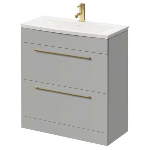 Napoli Gloss Grey Pearl 800mm Floor Standing Vanity Unit with 1 Tap Hole Curved Basin and 2 Drawers with Brushed Brass Handles Right Hand View