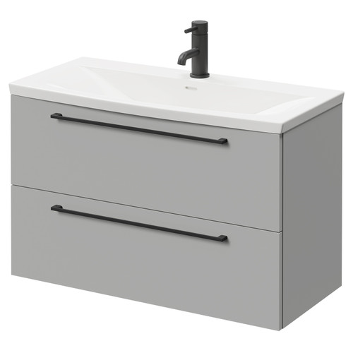 Napoli Gloss Grey Pearl 800mm Wall Mounted Vanity Unit with 1 Tap Hole Curved Basin and 2 Drawers with Matt Black Handles Right Hand View