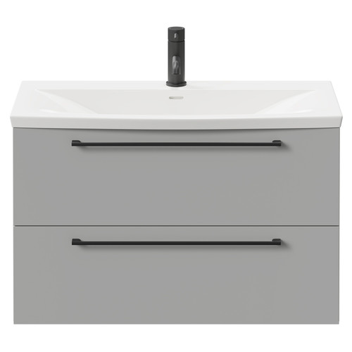 Napoli Gloss Grey Pearl 800mm Wall Mounted Vanity Unit with 1 Tap Hole Curved Basin and 2 Drawers with Matt Black Handles Front View