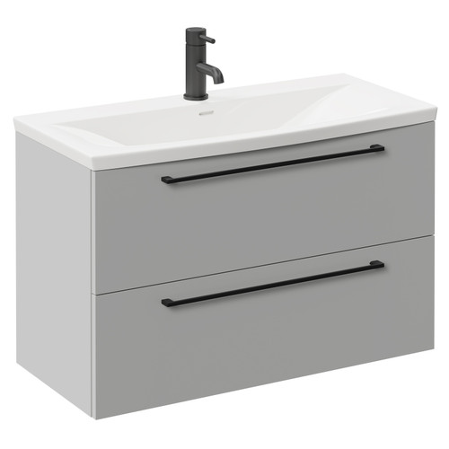 Napoli Gloss Grey Pearl 800mm Wall Mounted Vanity Unit with 1 Tap Hole Curved Basin and 2 Drawers with Matt Black Handles Left Hand View