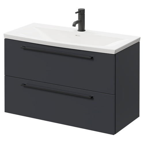 Napoli Gloss Grey 800mm Wall Mounted Vanity Unit with 1 Tap Hole Curved Basin and 2 Drawers with Matt Black Handles Right Hand View