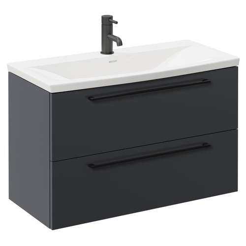 Napoli Gloss Grey 800mm Wall Mounted Vanity Unit with 1 Tap Hole Curved Basin and 2 Drawers with Matt Black Handles Left Hand View
