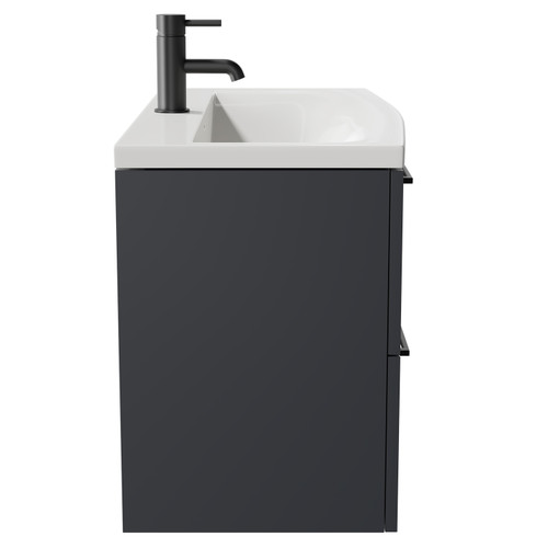 Napoli Gloss Grey 800mm Wall Mounted Vanity Unit with 1 Tap Hole Curved Basin and 2 Drawers with Matt Black Handles Side View