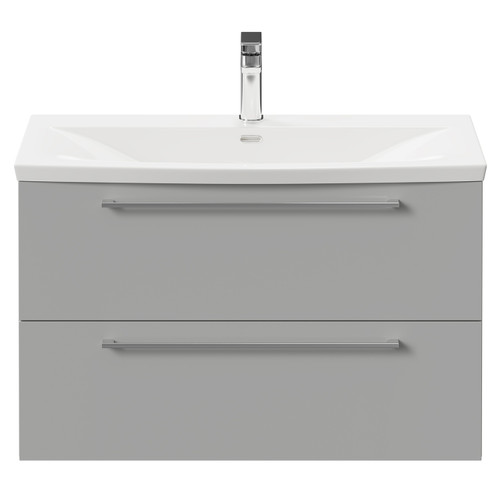 Napoli Gloss Grey Pearl 800mm Wall Mounted Vanity Unit with 1 Tap Hole Curved Basin and 2 Drawers with Polished Chrome Handles Front View