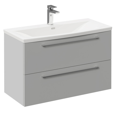 Napoli Gloss Grey Pearl 800mm Wall Mounted Vanity Unit with 1 Tap Hole Curved Basin and 2 Drawers with Polished Chrome Handles Left Hand View