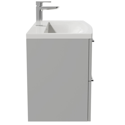 Napoli Gloss Grey Pearl 800mm Wall Mounted Vanity Unit with 1 Tap Hole Curved Basin and 2 Drawers with Polished Chrome Handles Side View