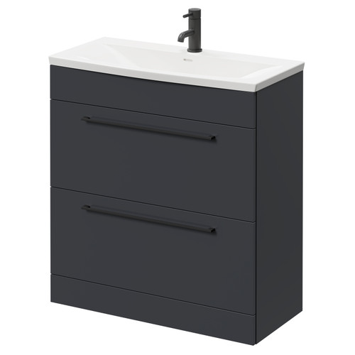 Napoli Gloss Grey 800mm Floor Standing Vanity Unit with 1 Tap Hole Curved Basin and 2 Drawers with Matt Black Handles Right Hand View