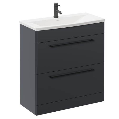 Napoli Gloss Grey 800mm Floor Standing Vanity Unit with 1 Tap Hole Curved Basin and 2 Drawers with Matt Black Handles Left Hand View