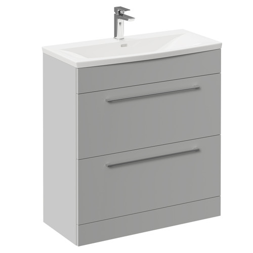 Napoli Gloss Grey Pearl 800mm Floor Standing Vanity Unit with 1 Tap Hole Curved Basin and 2 Drawers with Polished Chrome Handles Left Hand View