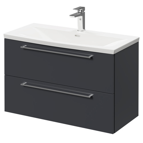 Napoli Gloss Grey 800mm Wall Mounted Vanity Unit with 1 Tap Hole Curved Basin and 2 Drawers with Polished Chrome Handles Right Hand View