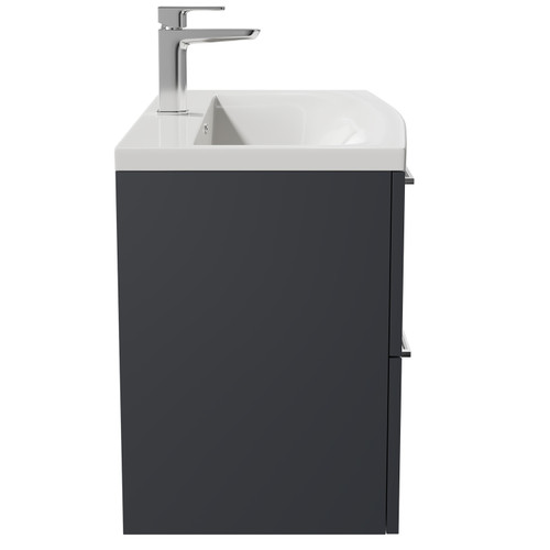 Napoli Gloss Grey 800mm Wall Mounted Vanity Unit with 1 Tap Hole Curved Basin and 2 Drawers with Polished Chrome Handles Side View