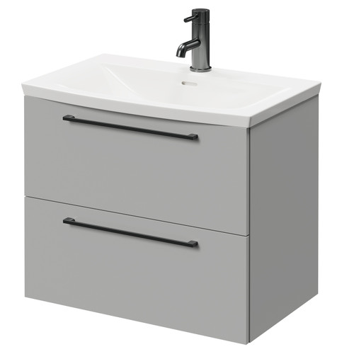 Napoli Gloss Grey Pearl 600mm Wall Mounted Vanity Unit with 1 Tap Hole Curved Basin and 2 Drawers with Gunmetal Grey Handles Right Hand View
