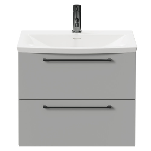 Napoli Gloss Grey Pearl 600mm Wall Mounted Vanity Unit with 1 Tap Hole Curved Basin and 2 Drawers with Gunmetal Grey Handles Front View