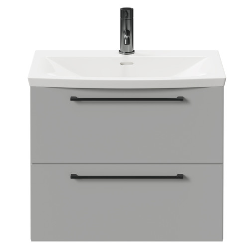 Napoli Gloss Grey Pearl 600mm Wall Mounted Vanity Unit with 1 Tap Hole Curved Basin and 2 Drawers with Gunmetal Grey Handles Front View