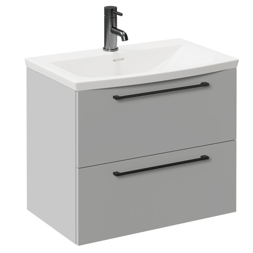 Napoli Gloss Grey Pearl 600mm Wall Mounted Vanity Unit with 1 Tap Hole Curved Basin and 2 Drawers with Gunmetal Grey Handles Left Hand View