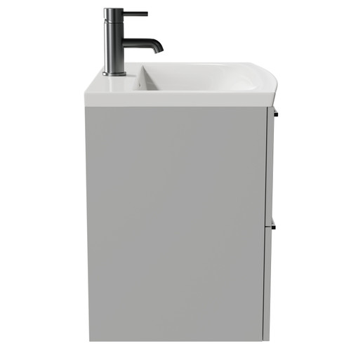 Napoli Gloss Grey Pearl 600mm Wall Mounted Vanity Unit with 1 Tap Hole Curved Basin and 2 Drawers with Gunmetal Grey Handles Side View