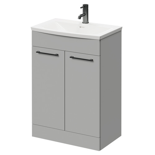 Napoli Gloss Grey Pearl 600mm Floor Standing Vanity Unit with 1 Tap Hole Curved Basin and 2 Doors with Gunmetal Grey Handles Right Hand View