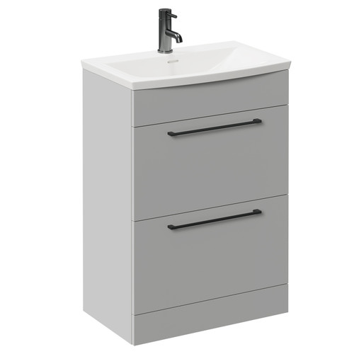 Napoli Gloss Grey Pearl 600mm Floor Standing Vanity Unit with 1 Tap Hole Curved Basin and 2 Drawers with Gunmetal Grey Handles Left Hand View