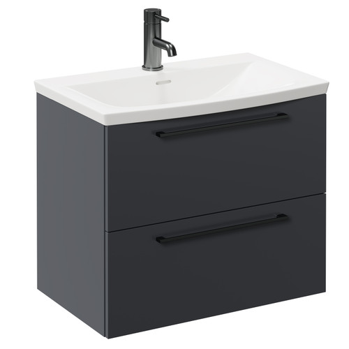 Napoli Gloss Grey 600mm Wall Mounted Vanity Unit with 1 Tap Hole Curved Basin and 2 Drawers with Gunmetal Grey Handles Left Hand View