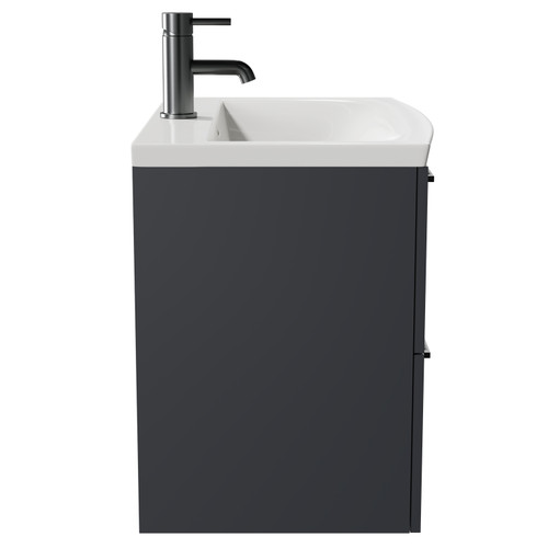 Napoli Gloss Grey 600mm Wall Mounted Vanity Unit with 1 Tap Hole Curved Basin and 2 Drawers with Gunmetal Grey Handles Side View