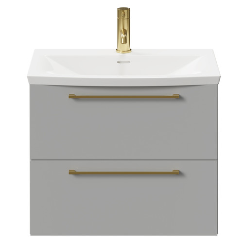 Napoli Gloss Grey Pearl 600mm Wall Mounted Vanity Unit with 1 Tap Hole Curved Basin and 2 Drawers with Brushed Brass Handles Front View