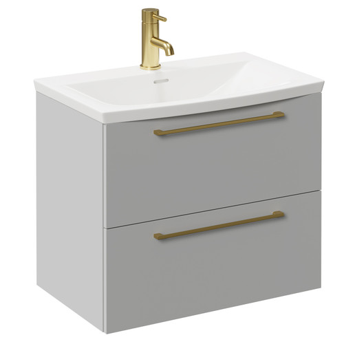Napoli Gloss Grey Pearl 600mm Wall Mounted Vanity Unit with 1 Tap Hole Curved Basin and 2 Drawers with Brushed Brass Handles Left Hand View
