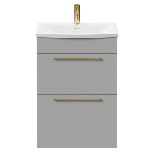 Napoli Gloss Grey Pearl 600mm Floor Standing Vanity Unit with 1 Tap Hole Curved Basin and 2 Drawers with Brushed Brass Handles Front View