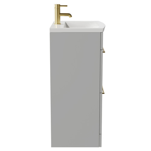 Napoli Gloss Grey Pearl 600mm Floor Standing Vanity Unit with 1 Tap Hole Curved Basin and 2 Drawers with Brushed Brass Handles Side View