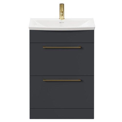 Napoli Gloss Grey 600mm Floor Standing Vanity Unit with 1 Tap Hole Curved Basin and 2 Drawers with Brushed Brass Handles Front View