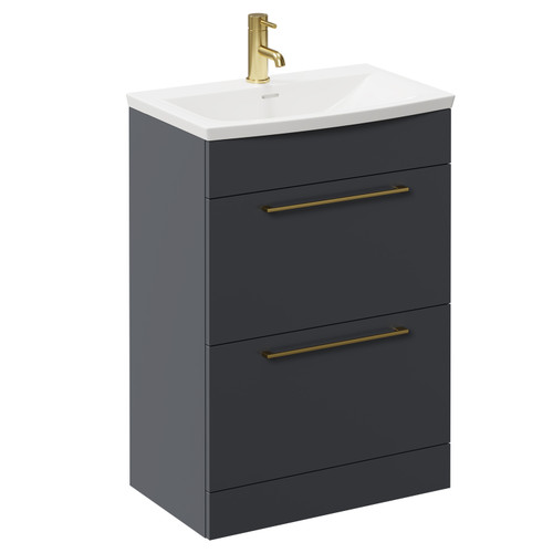 Napoli Gloss Grey 600mm Floor Standing Vanity Unit with 1 Tap Hole Curved Basin and 2 Drawers with Brushed Brass Handles Left Hand View