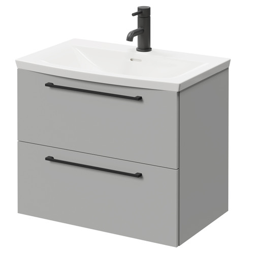 Napoli Gloss Grey Pearl 600mm Wall Mounted Vanity Unit with 1 Tap Hole Curved Basin and 2 Drawers with Matt Black Handles Right Hand View