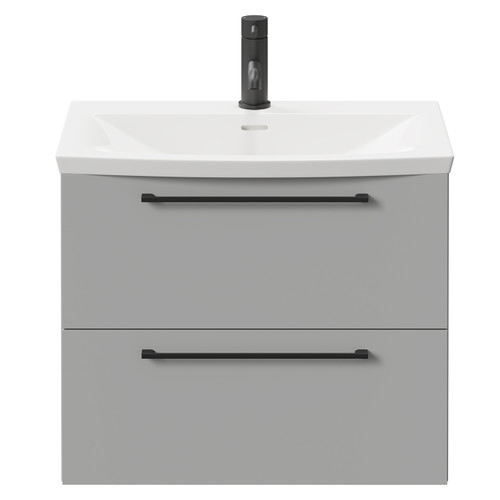 Napoli Gloss Grey Pearl 600mm Wall Mounted Vanity Unit with 1 Tap Hole Curved Basin and 2 Drawers with Matt Black Handles Front View