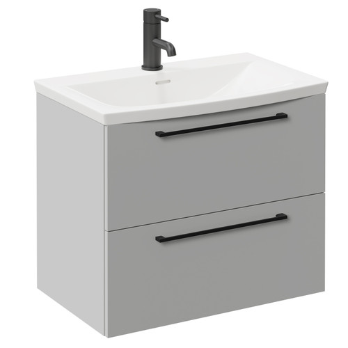 Napoli Gloss Grey Pearl 600mm Wall Mounted Vanity Unit with 1 Tap Hole Curved Basin and 2 Drawers with Matt Black Handles Left Hand View