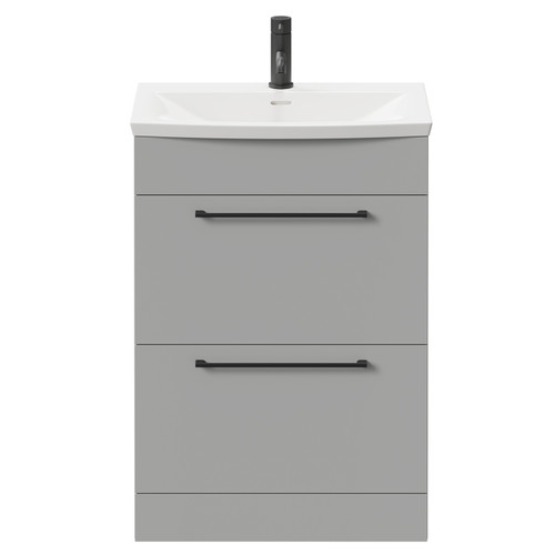 Napoli Gloss Grey Pearl 600mm Floor Standing Vanity Unit with 1 Tap Hole Curved Basin and 2 Drawers with Matt Black Handles Front View