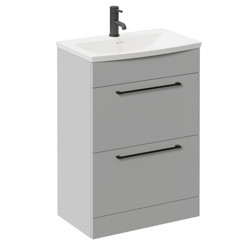 Napoli Gloss Grey Pearl 600mm Floor Standing Vanity Unit with 1 Tap Hole Curved Basin and 2 Drawers with Matt Black Handles Left Hand View