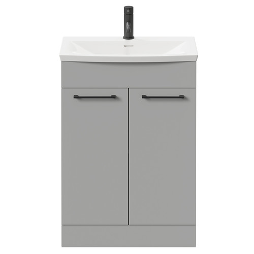 Napoli Gloss Grey Pearl 600mm Floor Standing Vanity Unit with 1 Tap Hole Curved Basin and 2 Doors with Matt Black Handles Front View