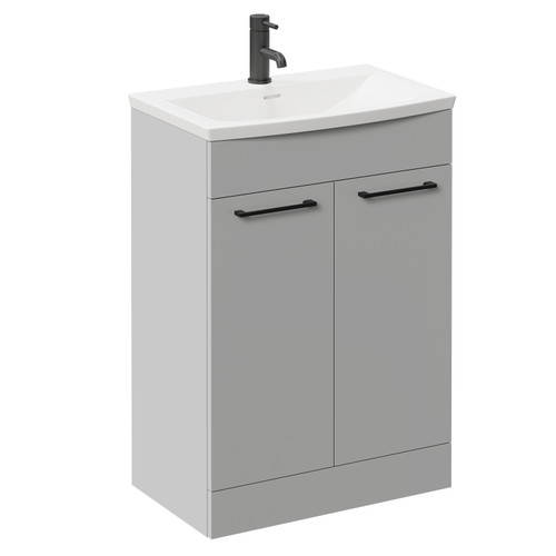 Napoli Gloss Grey Pearl 600mm Floor Standing Vanity Unit with 1 Tap Hole Curved Basin and 2 Doors with Matt Black Handles Left Hand View