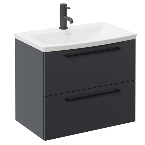 Napoli Gloss Grey 600mm Wall Mounted Vanity Unit with 1 Tap Hole Curved Basin and 2 Drawers with Matt Black Handles Left Hand View