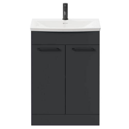 Napoli Gloss Grey 600mm Floor Standing Vanity Unit with 1 Tap Hole Curved Basin and 2 Doors with Matt Black Handles Front View