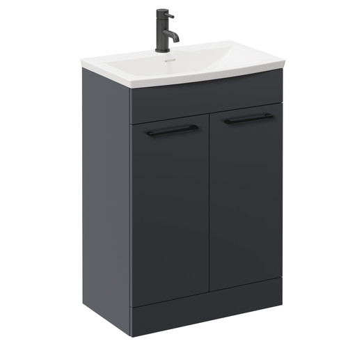 Napoli Gloss Grey 600mm Floor Standing Vanity Unit with 1 Tap Hole Curved Basin and 2 Doors with Matt Black Handles Left Hand View