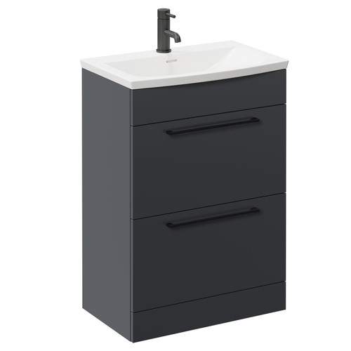 Napoli Gloss Grey 600mm Floor Standing Vanity Unit with 1 Tap Hole Curved Basin and 2 Drawers with Matt Black Handles Left Hand View