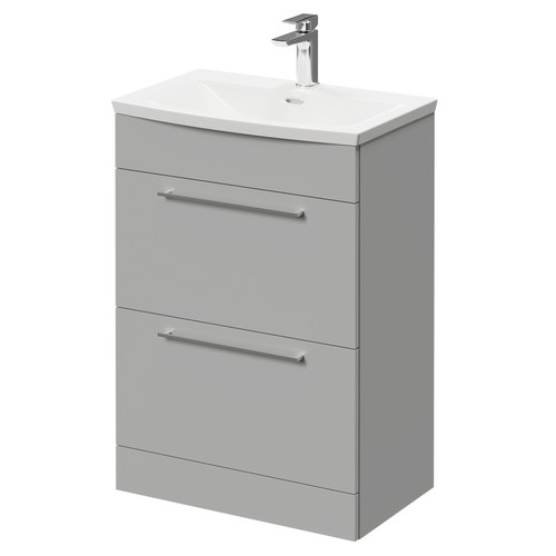 Napoli Gloss Grey Pearl 600mm Floor Standing Vanity Unit with 1 Tap Hole Curved Basin and 2 Drawers with Polished Chrome Handles Right Hand View