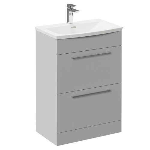 Napoli Gloss Grey Pearl 600mm Floor Standing Vanity Unit with 1 Tap Hole Curved Basin and 2 Drawers with Polished Chrome Handles Left Hand View