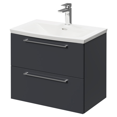 Napoli Gloss Grey 600mm Wall Mounted Vanity Unit with 1 Tap Hole Curved Basin and 2 Drawers with Polished Chrome Handles Right Hand View