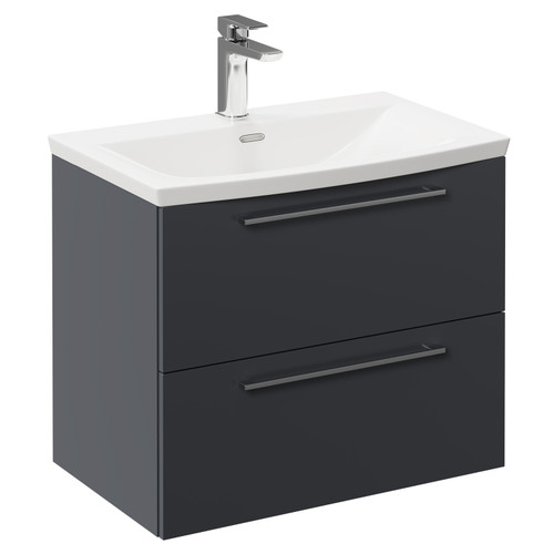 Napoli Gloss Grey 600mm Wall Mounted Vanity Unit with 1 Tap Hole Curved Basin and 2 Drawers with Polished Chrome Handles Left Hand View