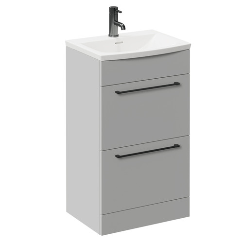 Napoli Gloss Grey Pearl 500mm Floor Standing Vanity Unit with 1 Tap Hole Curved Basin and 2 Drawers with Gunmetal Grey Handles Left Hand View