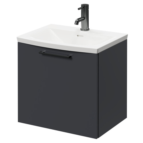 Napoli Gloss Grey 500mm Wall Mounted Vanity Unit with 1 Tap Hole Curved Basin and Single Drawer with Gunmetal Grey Handle Right Hand View