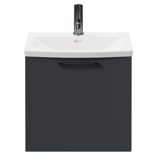 Napoli Gloss Grey 500mm Wall Mounted Vanity Unit with 1 Tap Hole Curved Basin and Single Drawer with Gunmetal Grey Handle Front View
