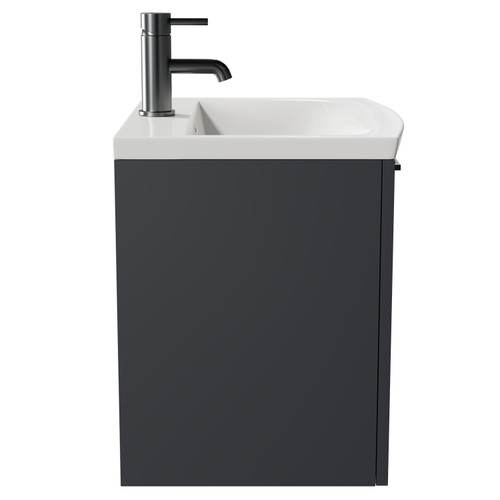 Napoli Gloss Grey 500mm Wall Mounted Vanity Unit with 1 Tap Hole Curved Basin and Single Drawer with Gunmetal Grey Handle Side View