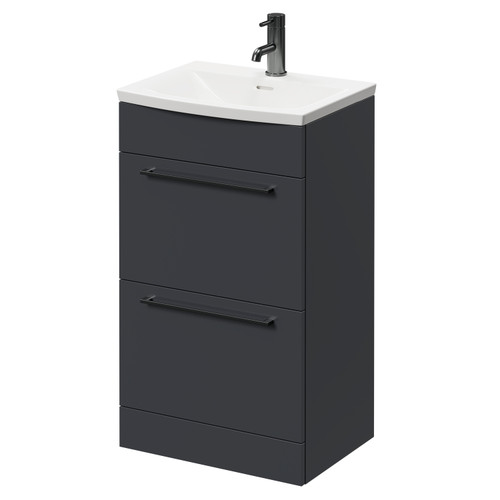 Napoli Gloss Grey 500mm Floor Standing Vanity Unit with 1 Tap Hole Curved Basin and 2 Drawers with Gunmetal Grey Handles Right Hand View
